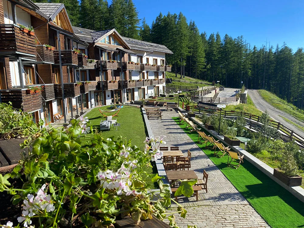 Terrazza esterna con tavoli, sdraio e fiori vista bosco di conifere in estate