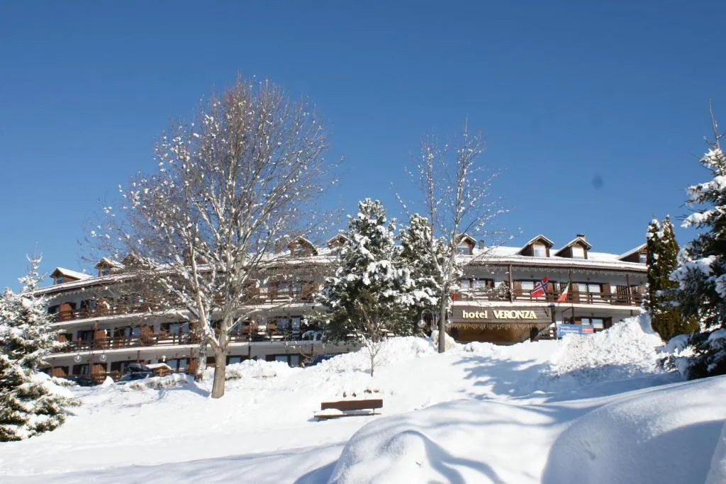Esterno dell'hotel Veronza innevato con alberi e cielo azzurro in inverno