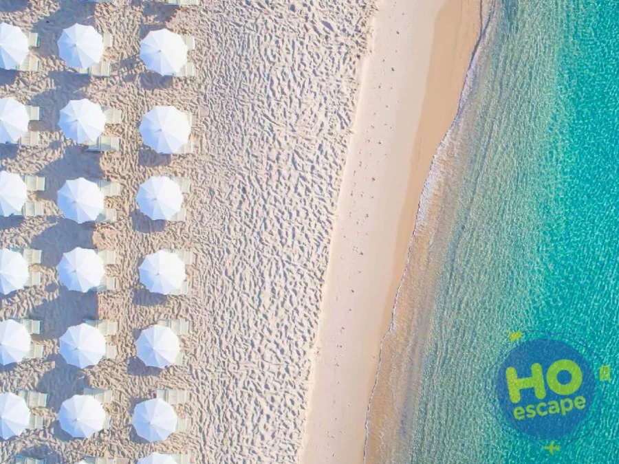 Vista aerea della spiaggia attrezzata con ombrelloni bianchi e mare azzurro