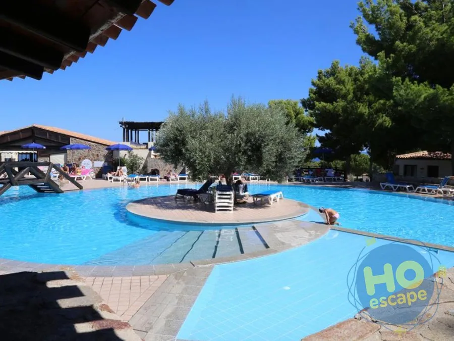 Piscina con isolotto centrale e ulivo, lettini e ombrelloni sotto il cielo azzurro