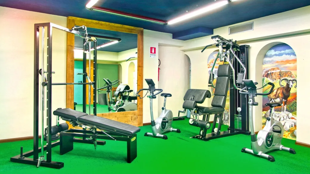 Palestra dell'hotel con attrezzi fitness, cyclette e pavimento verde