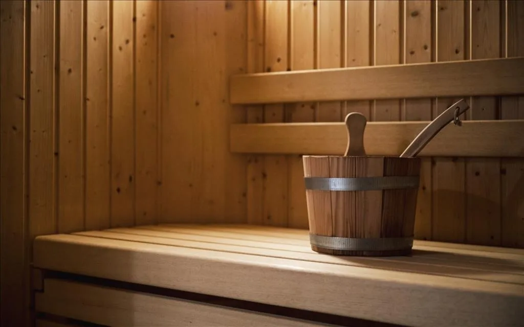 Interno di sauna in legno con secchio e mestolo tradizionali
