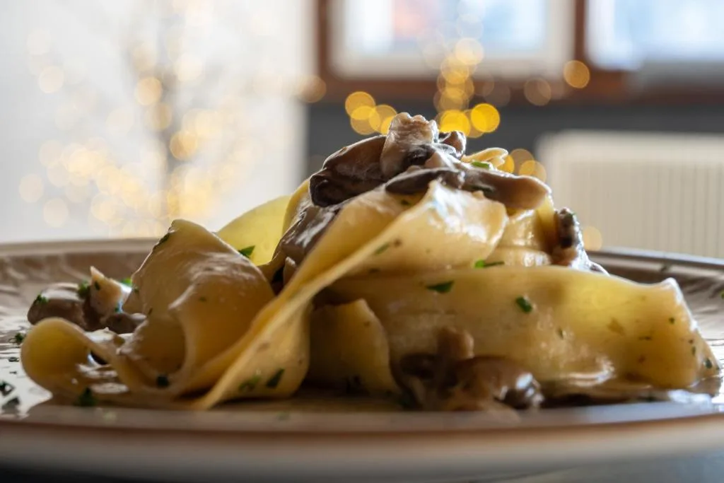 Pappardelle ai funghi porcini con prezzemolo su piatto elegante