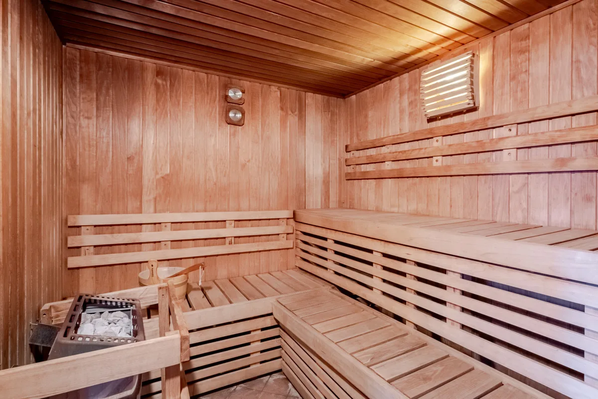 Sauna finlandese in legno con panche e stufa a pietre