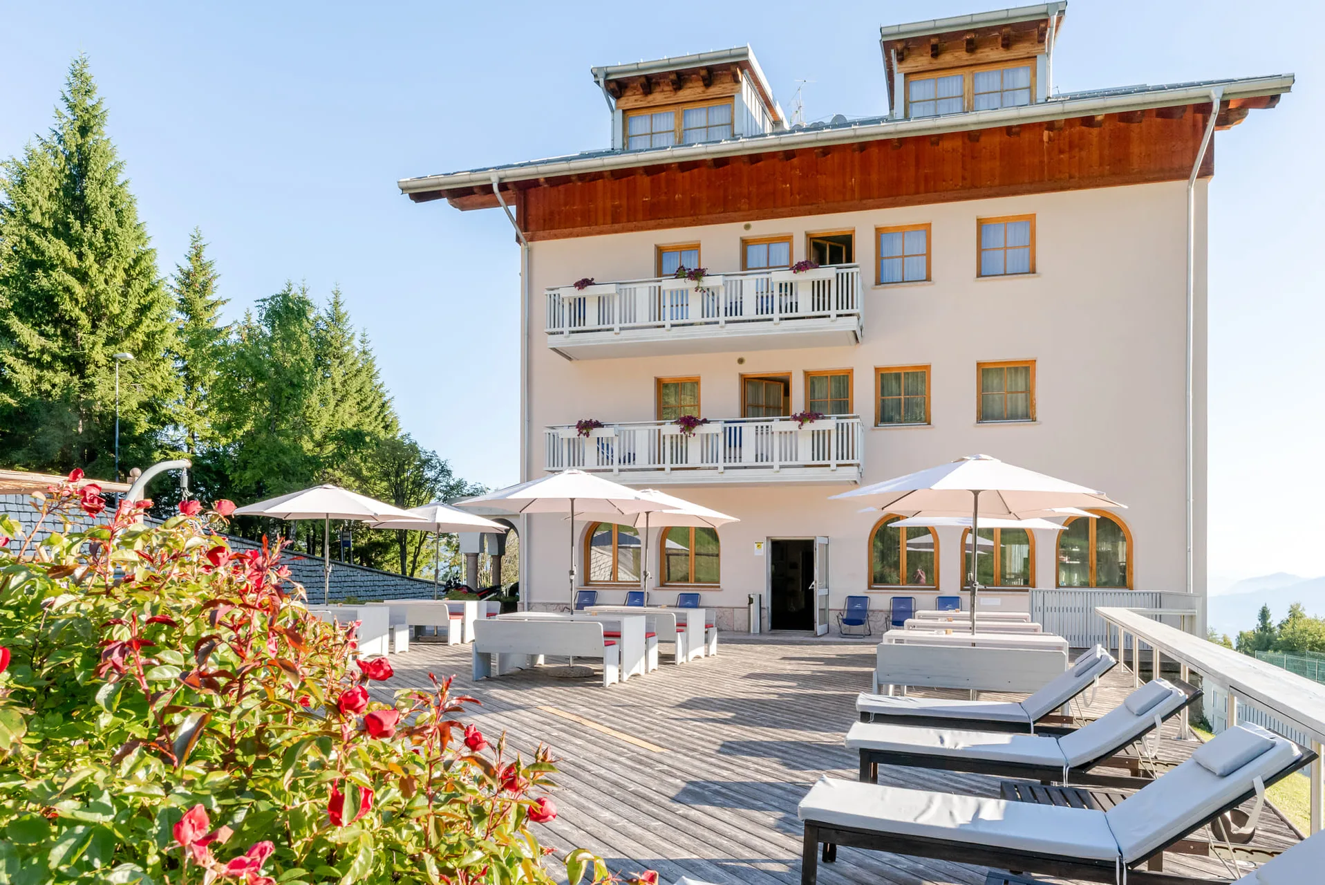 Esterno dell'hotel in estate con terrazza, lettini e roseto fiorito