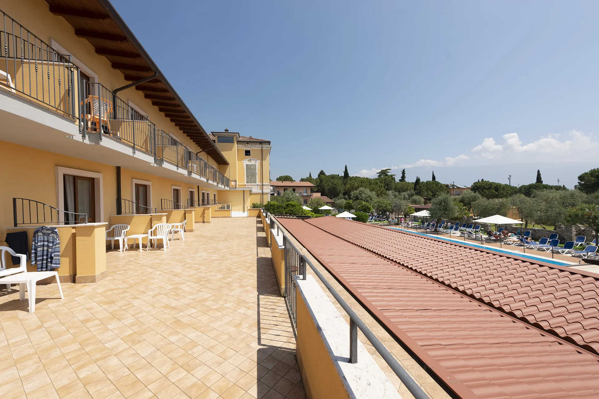 Terrazza panoramica dell'hotel con vista sulla piscina e sul giardino di ulivi