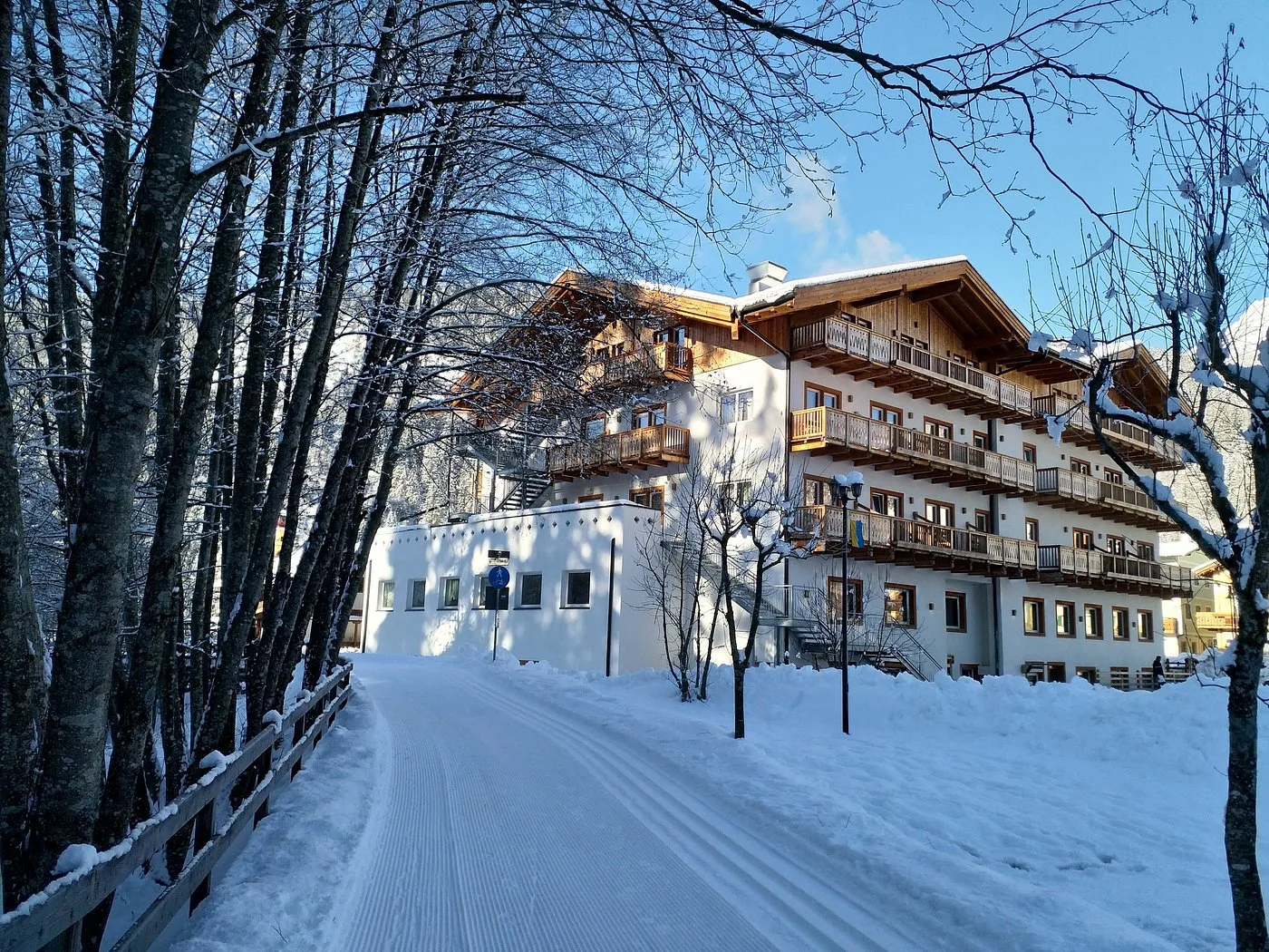 Hotel innevato circondato da alberi e strada battuta in inverno