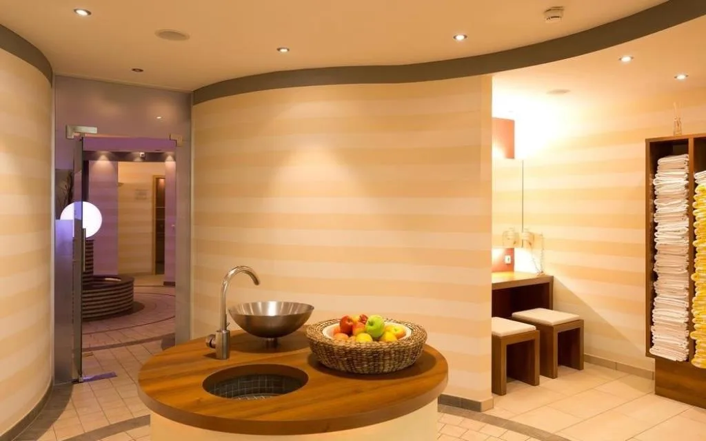 Area wellness con banco in legno, fruttiera e asciugamani