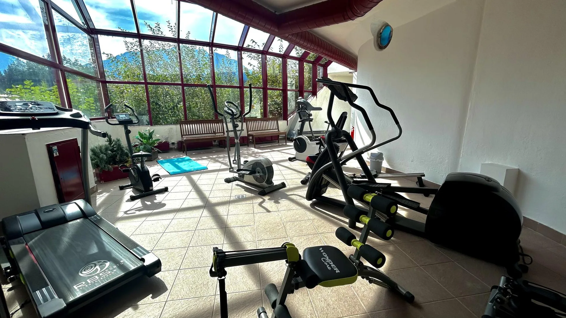 Palestra con attrezzi cardio e grandi vetrate con vista sulle montagne