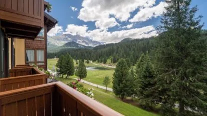 Vista dal balcone della camera sui boschi e le montagne estive