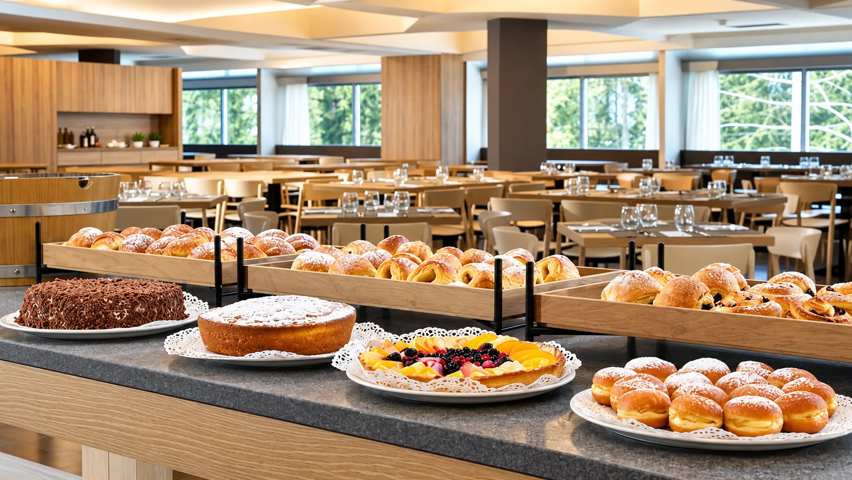 Buffet della colazione con dolci, torte e cornetti in sala ristorante