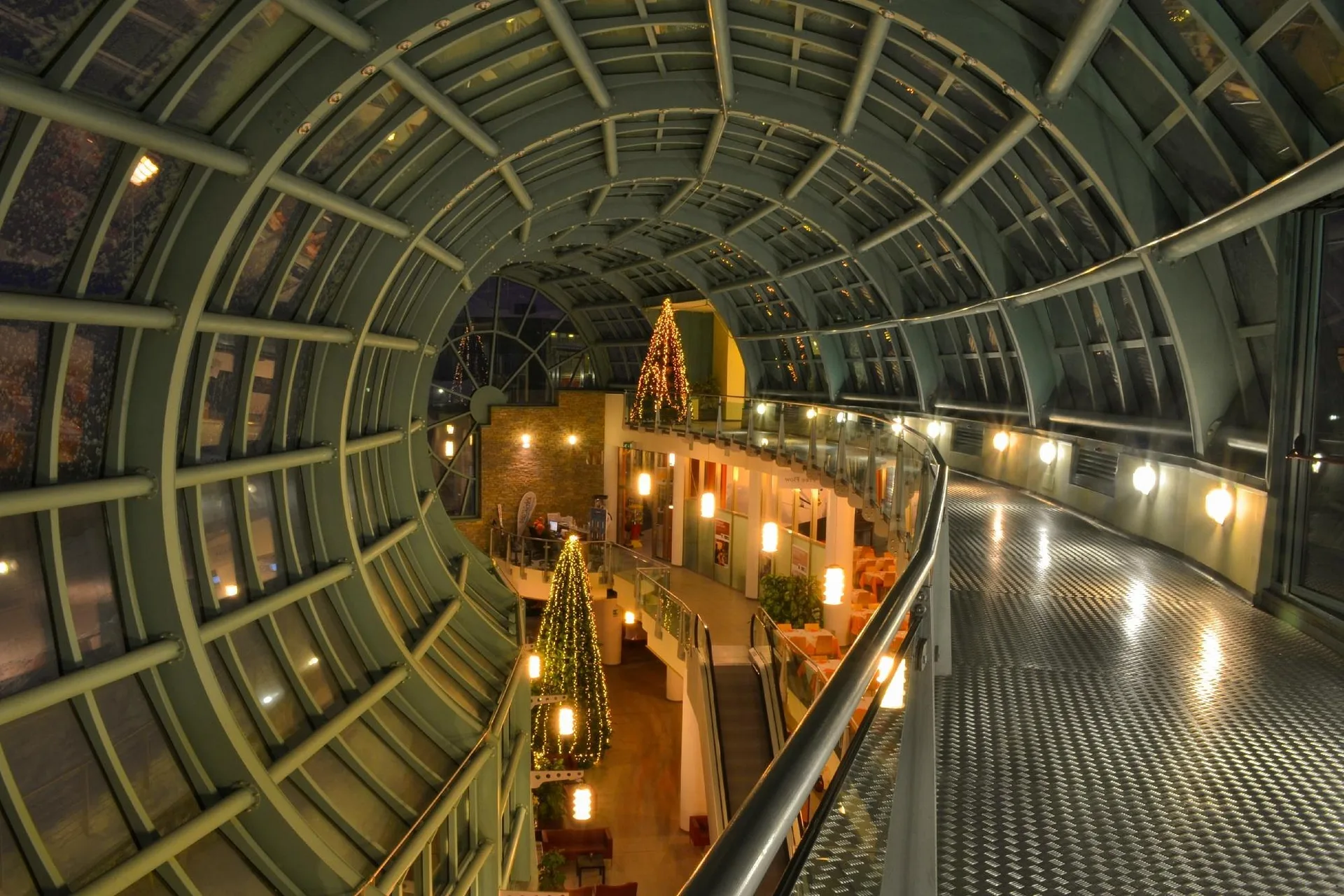 Tunnel vetrato interno illuminato con alberi di Natale la sera