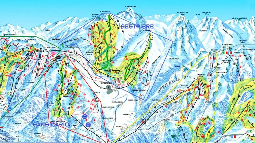 Mappa del comprensorio sciistico di Sestriere con piste e impianti di risalita