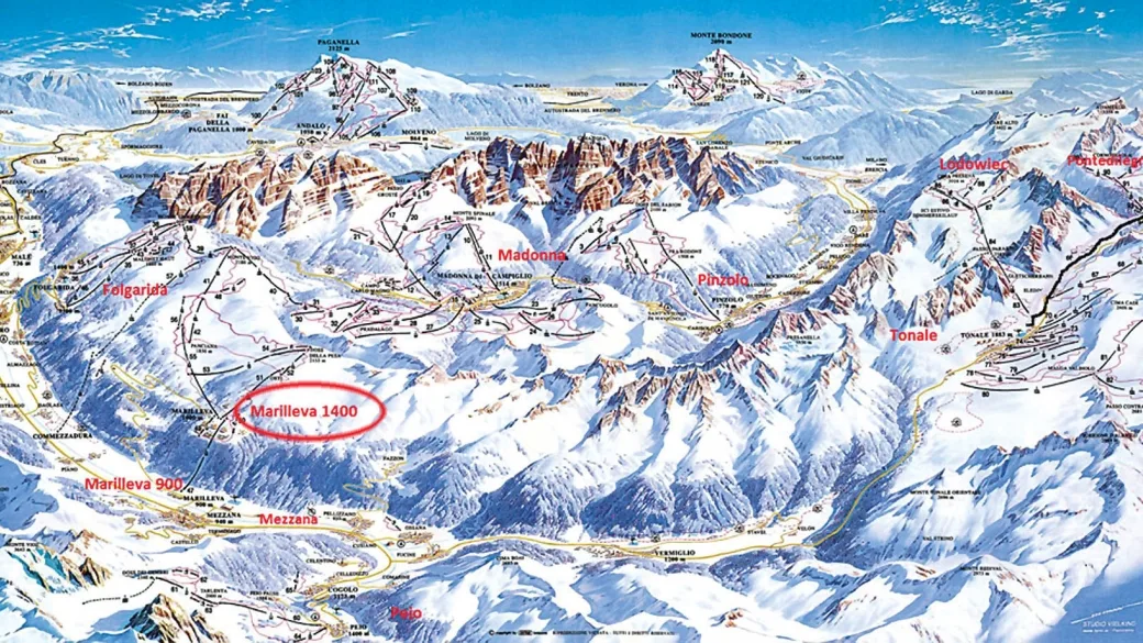 Mappa panoramica del comprensorio sciistico con evidenziata la località Marilleva 1400