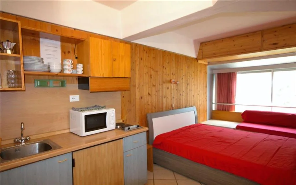 Monolocale con angolo cottura, microonde, pareti in legno e letto con copriletto rosso