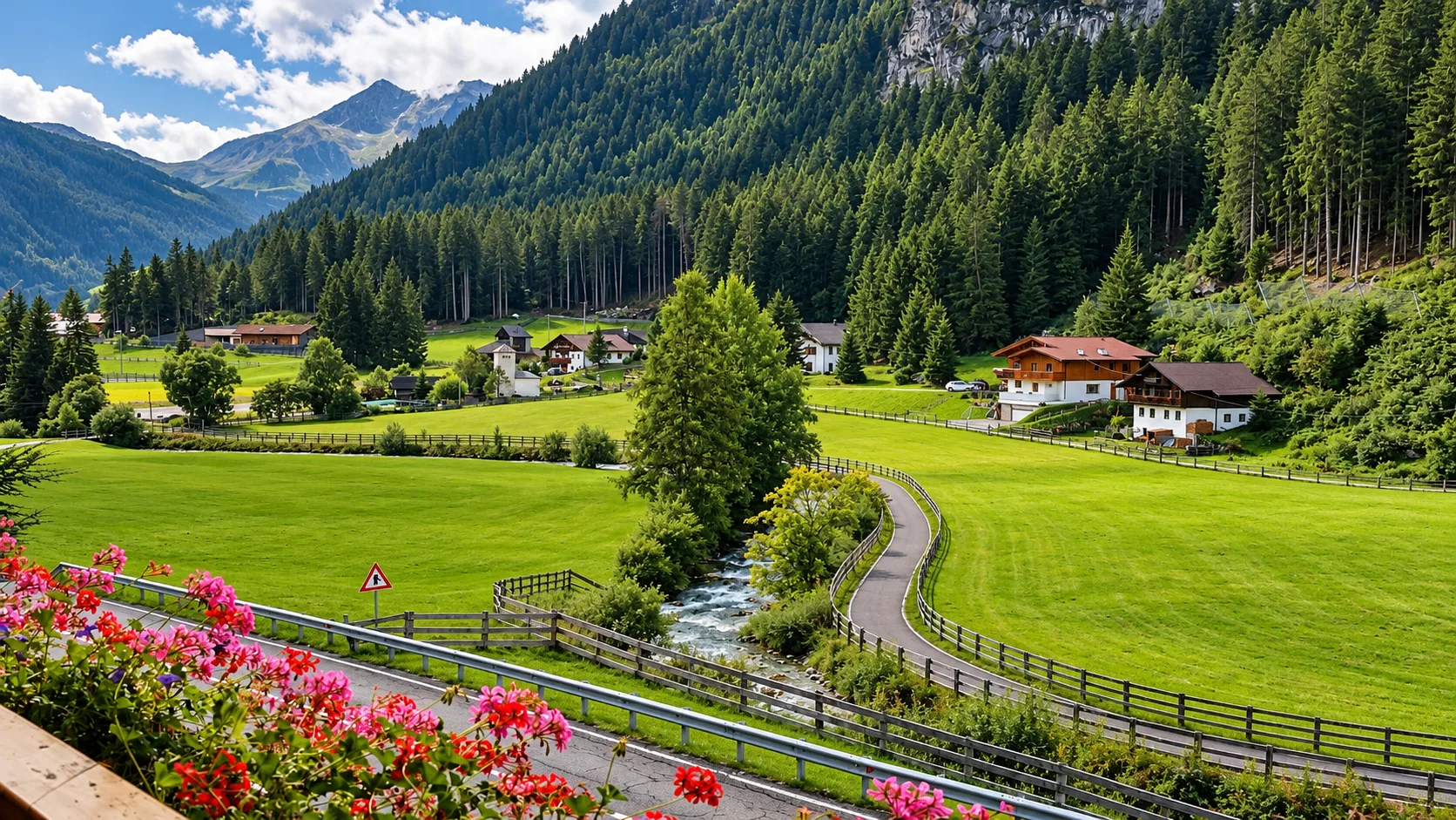 Paesaggio estivo alpino con prati verdi, ruscello, strada e montagne