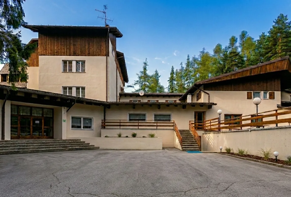 Ingresso dell'hotel con ampio piazzale, scalinata in legno e struttura in stile alpino